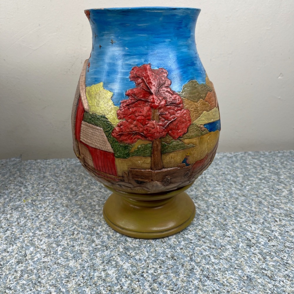 Vintage Hand Painted Ceramic Vase 3D Bas Relief Farm Landscape Barn Red Blue 10"